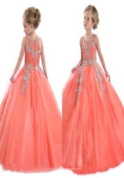 Crystal Girls Coral Pageant Dresses Jewel Sleeveless Zipper Back Ball Gown Pageant Dress Pretty Long Little Girl Prom Dresses BO894341796