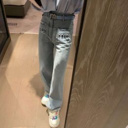 pants Autumn/winter New Style Fashionable Letter Patch Embroidered High Waist Slim Straight Leg Jeans with Belt