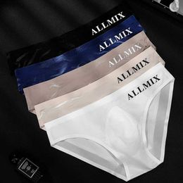 Underpants Sexy men underwear letter sports fitness clear ice silk bragas japonesas low waist U convex seamless panties boxers briefs man YQ240214