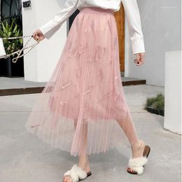 Skirts AECU Summer Women Tulle Skirt Pearl Feather Embroidery Elastic High Waist Mesh Pleated Elegant Long