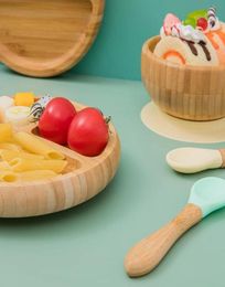 Baby Dinner Plate Baby Feeding Bowl Wooden Kids Feeding Dinnerware With Silicone Suction Cup Wooden Fork Spoon Childrens Dishes 225992935