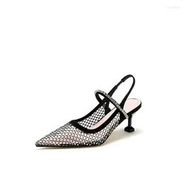 Dress Shoes Elegant Women Sandals Solid Color Rhinestone Decoration Slip-On Zapatos Para Mujer Pointed Toe Thin Heels Hollow Sapato Feminino
