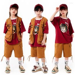 Stage Wear Kids Street Outfits Hip Hop Clothing Brown Jacket Vest T Shirt Cargo Pants Short For Girl Boy Dance Costume Clothes