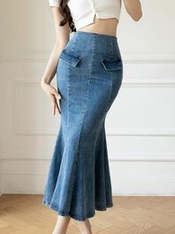 Skirts Elegant Casual Denim Jean Skirt For Women's High Waist Bodycon Ruffles Fishtail Fashion Trumpet Midi Length Female