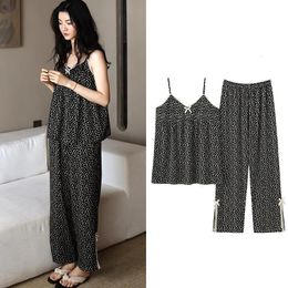 Fdfklak Sexy Sleepwear Set Womens Summer Pyjamas Thin Suspenders V Neck Shirt Pant Suit Small Floral Modal Home Clothes M3XL 240201