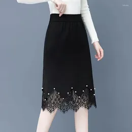 Skirts Thick Knitting Solid Color Autumn Winter 2024 High Waist Lace Patchwork Black Casual Temperament Women's Clothing