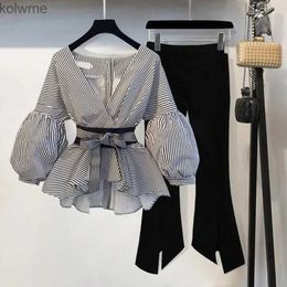 Women's Two Piece Pants Elegant OL Work wear 2 Pieces set 2019 Spring New Puff Sleeve Bow Tie up Striped Blouse and Split Flares pant Suit S-3XL YQ240214