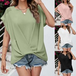 Women's T Shirts Women Short Sleeve Knotted V Neck Mesh Shoulder Solid Color Fashion Casual Top