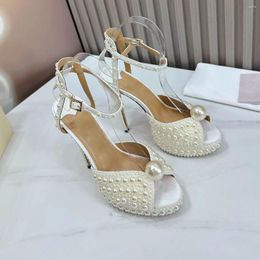 Sandals Summer Round Toe Women Buckle Strap Genuine Leather Waterplatform High Heels Pearl Shoes Chaussure Femme