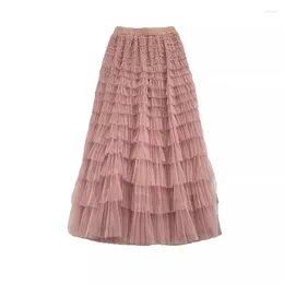 Skirts Korean Fashion Spring Autumn Women High Waist Slim Long Skirt Quality Sweet Multi-layer Cake Hem Mesh Tulle