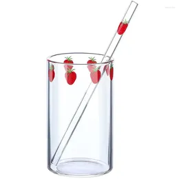 Wine Glasses 300ml Strawberry Cute Nordic Glass Cup With Straw Creative Transparent Water Milk Mug Heat Resistant Christmas Gift