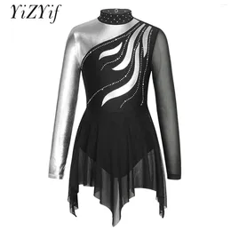 Stage Wear Kids Girls Figure Skating Dress Long Sleeves Mesh Patchwork Ballet Dance Performance Training Competition Outfits