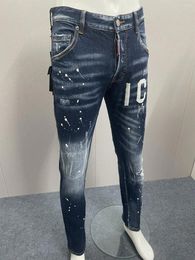 Men's Jeans 2024 Denim Pants 3D Splice D2 Light Wash Paint Dots Slim Fit Small Feet Slightly Elastic Moisture Worn Holes