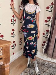 Casual Dresses Women Trendy Table Collection Print Long Dress Sexy Sleeveless Backless Sling Cami Y2k Aesthetic Streetwear