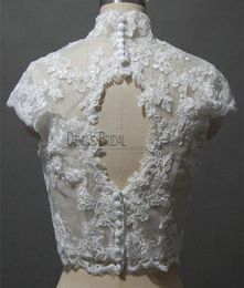 2017 Bridal Wedding Jacket with Keyhole Back High collar Vneck Capped Sleeve Lace Appliques Handmade Flowers Pearls Buttons Weddi4609200