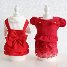 Dog Apparel Red Princess Dress Clothes Fashion Bowknot Lace Design Winter Small Dogs Clothing Warm Thick Cute Party Pet Items Wholesale