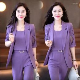 Women's Two Piece Pants 2024 Autumn Vintage Hollow Short Sleeve Jacket With Tank Top Casual Three Elegant Suit Office Set