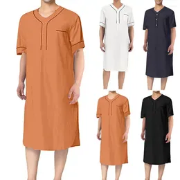 Men's Sleepwear Short Sleeve Casual Nightgown V-neck With Patch Pocket Solid Color Mid-calf For Leisure Men