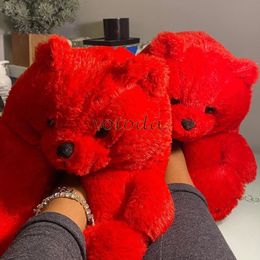 Teddy Bear Slippers Women Cute Cartoon Slides Furry Warm Soft Shoes Home Nonslip Cotton Flip Flops Rainbow Teddies Slipper 240126