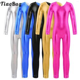 Stage Wear Kids Girls One Piece Long Sleeves Full Body Gymnastics Ballet Dance Leotard Jumpsuit Shiny Metallic Bodusuit Costumes