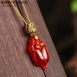 Natural Red Agate Pendant Real 18K Gold Necklace Pendant Rose Flower Pure Au750 Anniversary Gift For Women Fine Jewelry 240125