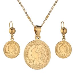 Gold Colour Coin Pendant Necklaces Women Men France Lecoqgaulois Coin Old French Trendy Coin Jewellery Sets 240122