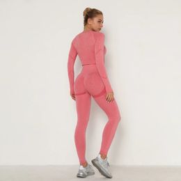 Seamless Yoga Sets Women Long Sleeve Crop Top High Waist Leggings Workout Fitness Sportswear Gym Clothes 2 Pcs Sports Suits 240123