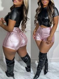 Women's Shorts HAOYUAN Sexy Candy Colour Metallic PU Leather For Women Streetwear Fashion Short Pant Rave Clothes High Waist Booty