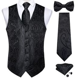 Men Black Paisley Vest Necktie Bowtie Pocket Square Cufflinks Dress Set Classic 5 PCS Business Waistcoat for Man 240125