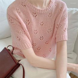 Women's T Shirts Fashion Knitted Pullovers Womens Hollow Out Korean Solid Sweet T-shirt Vintage All-match Crop Top Loose Summer Women