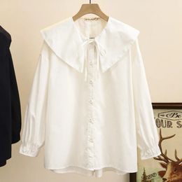 4XL Plus Size Shirts Women Spring Lace-Up Peter Pan Collar Cotton Tops Loose Long Sleeve Asymmetric Length Blouses Curve Clothes 240201