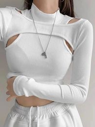 Hollow Knitted Crop Top Fitness Fake Twopiece Tshirt Female Black White Long Sleeve Tops 240127