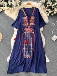 Party Dresses Summer Ethnic Style Niche Design Embroidered V-neck Dress French Chic Beautiful Loose Short-sleeved Long Vestidos Women D1496