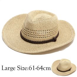 Big Head xxxxl 62cm Straw Hat Men Hollow Out Summer Outdoor Sun Hats Women Panama Beach Windproof Rope Large 240130