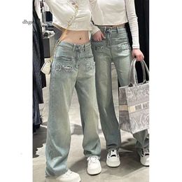 pantaloni Estate nuova moda ricamo lettera lavato usurato semplice e casual versatile jeans di seta dritto cielo