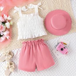 Clothing Sets Girls 3 Piece Summer Set Square Neck Shirred Tie Up Cami Tops Elastic Waist Shorts Cap Toddler Little Kids Outfits