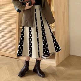 Skirts Women Skirt Polka Dot Knitted Midi A-Line Elegant Pleated Autumn Winter Spring Faldas Femme Jupes