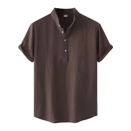 Men's Casual Shirts Summer Fashion Solid Colour Cotton Linen Top Stand Collar Short Sleeve Shirt Formal Plain Camisas E Blusas