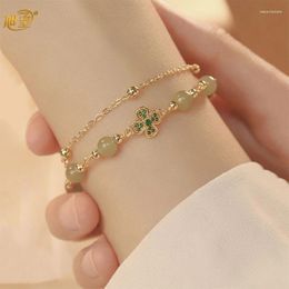 Link Bracelets Hetian Jade Bead Bracelet Elegant Ladies Double Chain Four-Leaf Clover Imitation Agate Jewellery Exquisite Hand Party