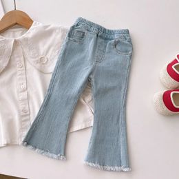 Autumn And Winter girls jeans Clothes High Waist Bell-bottoms Solid Colour Warm Out Jeans Children's Clothing 2-6T 240118