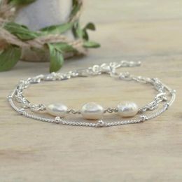 Link Bracelets Freshwater Pearl Handmade Beads Chain Multiple Layers On Hand For Women Vintage Copper Plating Silver Bracelet Jewellery