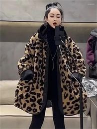 Women's Trench Coats Leopard Print Long Lambswool Outwear Female 2024 Winter Loose High Quality Sleeve Hooded Padded Warm Cotton-padded