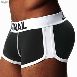 Underpants Sexy Men Butt Lifter Padded Enhance Boxers Underwear Cotton Buttocks Penis Pouch Panties with Push Up Front Back Removable Pad YQ240214