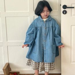 Jackets 8829 Children's Coat 2024 Spring Korean Cute Doll Collar Bubble Sleeve Jeans Girl's Long Outerwear