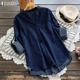 ZANZEA Womens Denim Blue Shirts Fashion Autumn Blouse Casual Button V Neck Long Sleeve Tops Jean Tunic Blusa Plus Size 240130