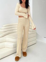Women's Two Piece Pants Women S Pieces Lounge Set Knit Ribbed Long Sleeve Scoop Neck Crop Tops And Straight Leg