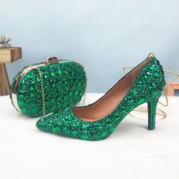 Sandals 2024 Arrival Green Pointed Toe Female Party Shoe And Purse Wedding Shoes Woman Fashion Thin Heel Shallow Crystal High Pumps