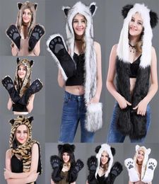 16 Styles Faux Fur Hood Animal hat Ear Flaps Hand Pockets Animal Hat Wolf Plush Warm Earmuff Animal Cap with scarf gloves JY9962869157304