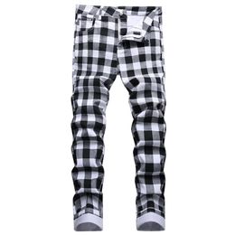 Men's Black and White Plaid Printed Jeans Fashion Check Digital Print Slim Straight Pants Stretch Trousers 240118