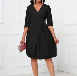 Casual Dresses For Women V-Neck Fashionable Waistband Crease Solid Color Pleated Mid Sleeve Oversized Temperament Commuter Dress